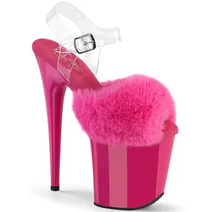 Women's Fuchsia Faux Fur-Clear Platform High Heel Shoes, Style-808FUR, for Fashionable Outfits, High-Profile Wedges & Flatform, Decorative Platform High Heel Wedges & Flatform